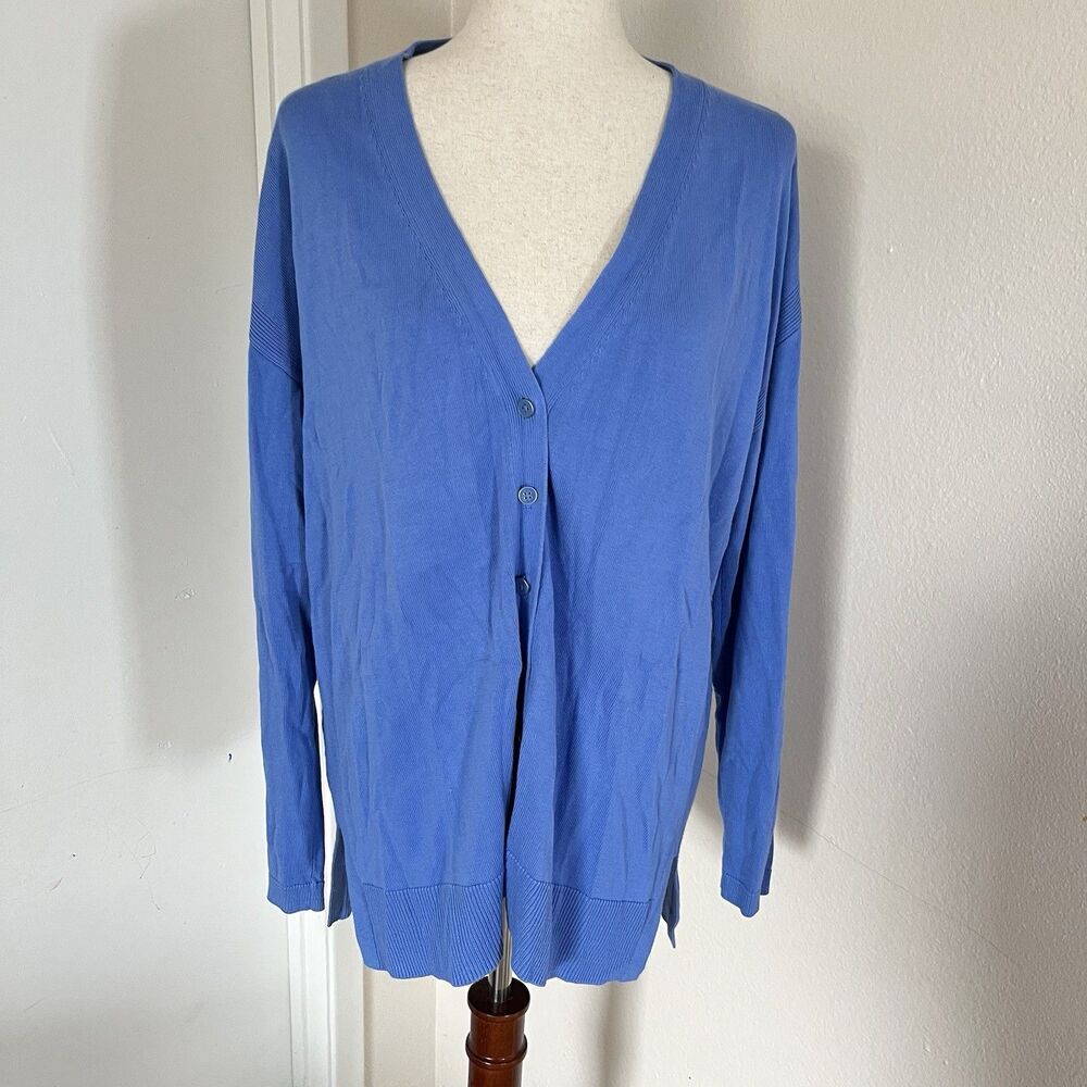Talbots Blue V Neck Plus Size L Cardigan Button Up Side Slits Long Sleeves